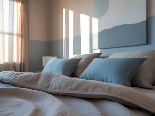 Fototapeta premium A Calm and Cozy Bedroom Retreat: A Softly Lit, Inviting Grey and Blue Room View as Seen from Relaxing Under Comfortable Bedding on a Peaceful Afternoon
