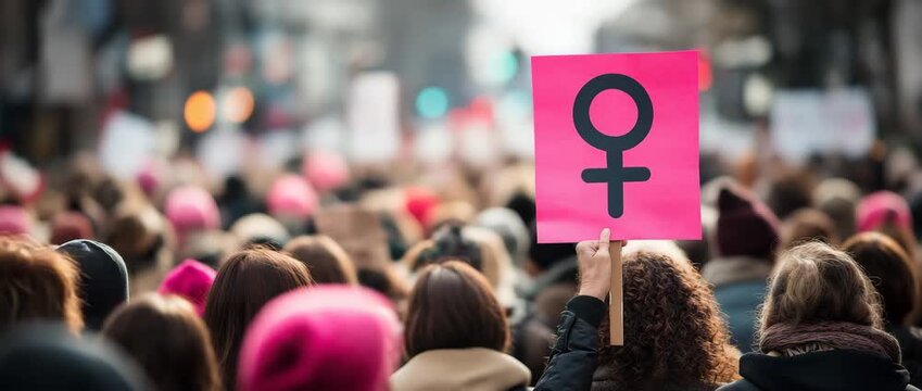 A crowd of demonstrators holds a sign featuring the female gender symbol.