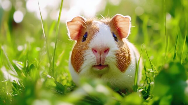 A happy guinea pig with bright eyes in green grass