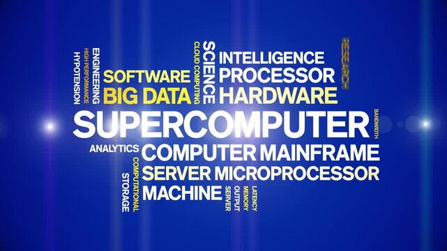 Supercomputer animated word cloud-text design animation tag kinetic typography seamless loop.