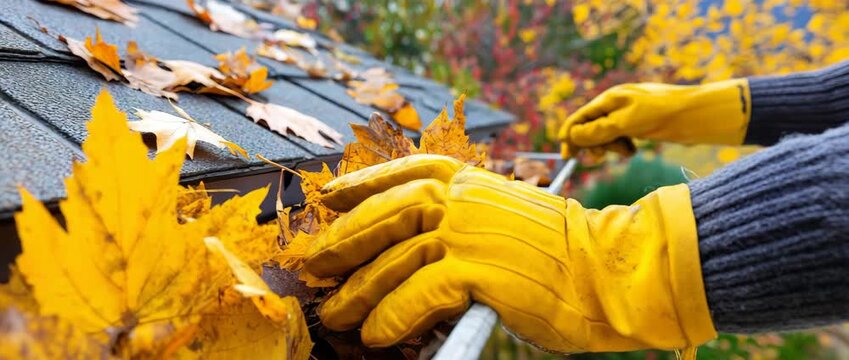 Worker cleaning leaves from roof gutter, autumnal