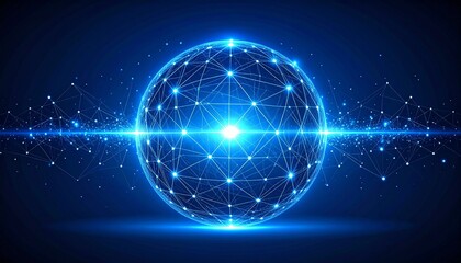 Obraz premium Glowing blue sphere with radiating connected dots and luminous lines, symbolizing atom model, digital network, or data visualization.