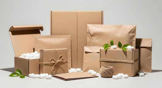 Sustainable cardboard packaging set, eco-friendly shipping boxes and mailers, brown paper parcels