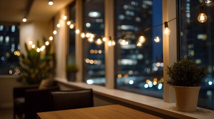 Fototapeta premium Cozy string lights illuminate a modern workspace with a city skyline view at night