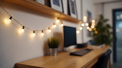 Fototapeta premium Cozy modern workspace with warm fairy lights draped over a shelf above a wooden desk and computer setup