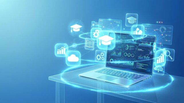 Laptop glass desk with glowing education cloud data analytics icons orbiting futuristic digital learning interface conveying remote online learning connectivity and holographic visualization above
