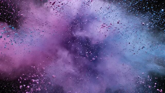 Vibrant pink and blue powder explodes in a dark, starry void