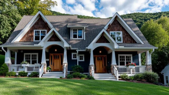 Two modern houses with wooden accents and large windows, situated on a green lawn with trees and mountains in the background, showcasing architectural design and outdoor space