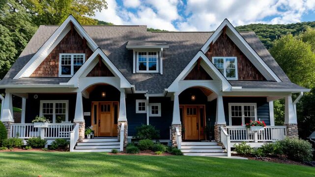 Charming duplex home with wooden accents and inviting front porches, surrounded by lush greenery and a scenic hillside backdrop under a bright blue sky
