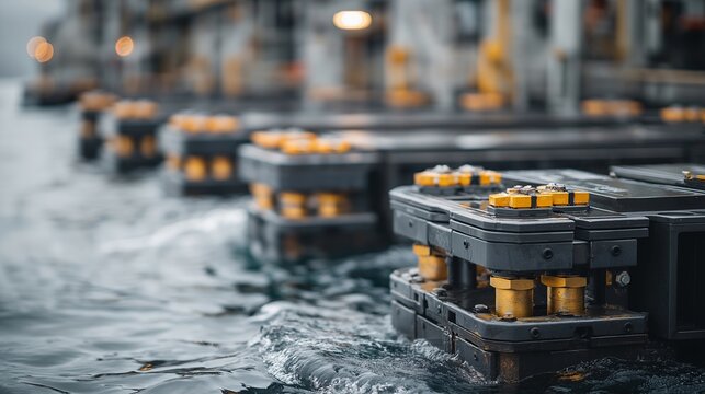Attenuator wave energy device with multiple floating segments connected by hinged joints, hydraulic rams between sections convert relative motion into electricity, perfect for articulated system