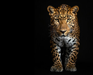 Naklejka premium Leopardo de pie de frente sobre fondo negro, animal salvaje, felino ex√≥tico concepto de lujo, liderazgo, exclusividad, poder, branding sofisticado y moda con espacio para texto publicitario