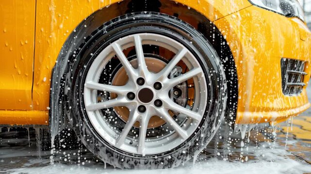 Close-up of a silver alloy wheel of a bright yellow car being washed with soap and water, showcasing the cleaning process in a car wash environment