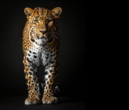 Leopardo de pie de frente sobre fondo negro, animal salvaje, felino ex&radic;&ge;tico concepto de lujo, liderazgo, exclusividad, poder, branding sofisticado y moda con espacio para texto publicitario