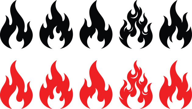 Collection of black and red flame icons in various styles and shapes