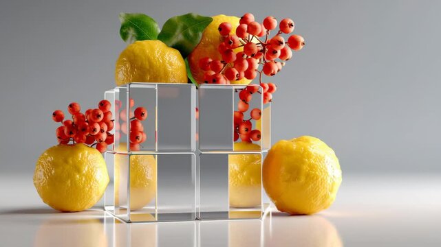 Yellow lemons and red berries arranged with transparent cubes on a light surface, showcasing a gradual shift in composition and visual balance across the frames