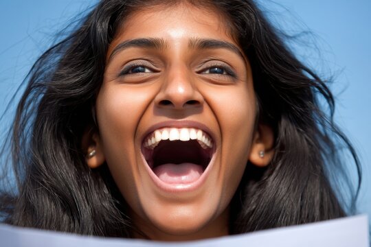 Excited young woman cheering with a document in hand, ideal for exam passes, approval announcements, and high energy success campaigns