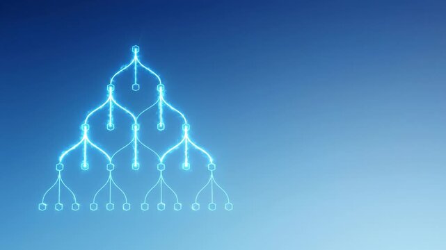 Neural network diagram glowing blue light with artificial intelligence machine learning technology concept digital data flow abstract visualization and binary tree diagram representing network