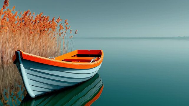 Colorful wooden boat with orange trim floats peacefully on calm water surrounded by tall golden reeds reflecting in the serene lake environment