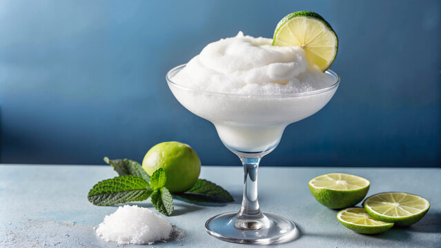 Frozen lime margarita cocktail with mint and salt on blue background  