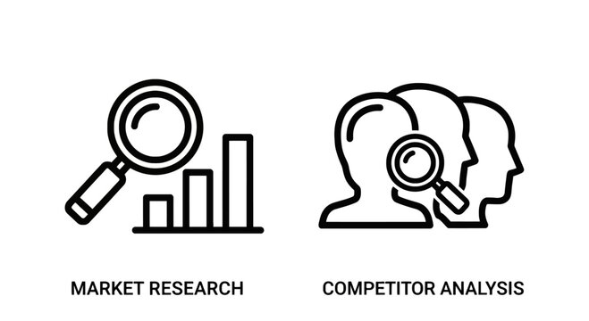Business intelligence icons: market research & competitor analysis for strategy development with magnifying glass