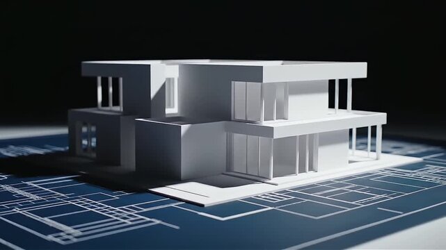 Architectural Blueprint and Modern House Model on Dark Background, Residential Building Design and Construction Project.