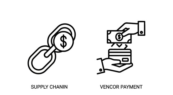 Supply chain management and vendor payment icon set - financial logistics and transaction with chain link