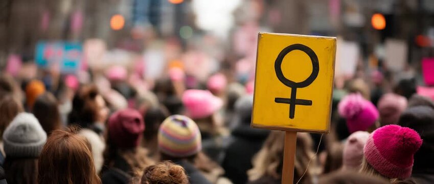 A crowd of demonstrators holds a sign featuring the female gender symbol.