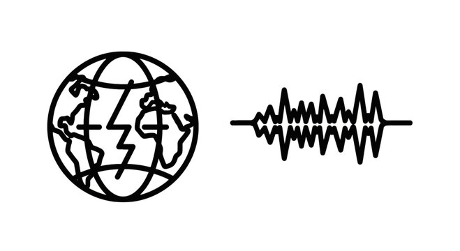 Global earthquake seismic activity waveform and world map outline icon for planet monitoring with sound wave