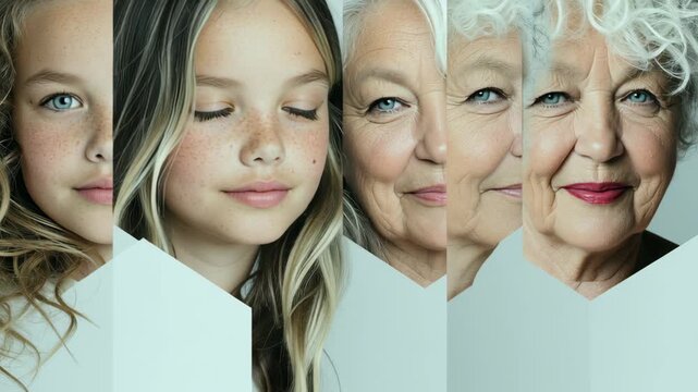 Young girl, teenage girl, middle-aged woman, and elderly woman showcase diverse beauty and aging progression with neutral background and geometric shapes highlighting their features