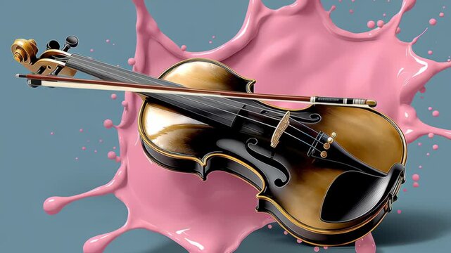 Violin and bow positioned dynamically against a vibrant pink splash background, showcasing an artistic representation of musical elegance and creativity
