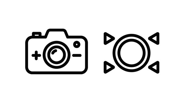 Digital camera exposure adjustment and 360 degree view outline icon set for photography and virtual reality interface with user interface