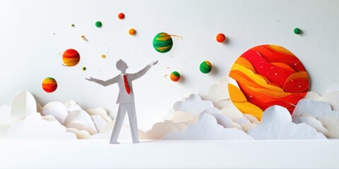 Fototapeta premium Papercraft scene depicts person amidst planets, clouds. Bright colors, minimalist style creates surreal landscape. Hopeful, optimistic imagery.