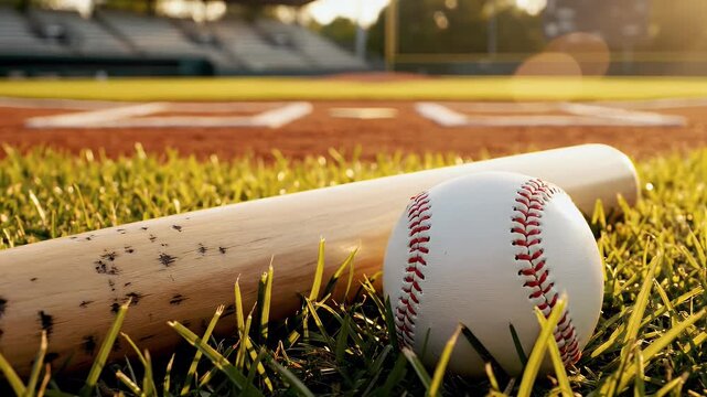 A baseball rests on lush green grass next to a wooden bat on a sun-drenched field