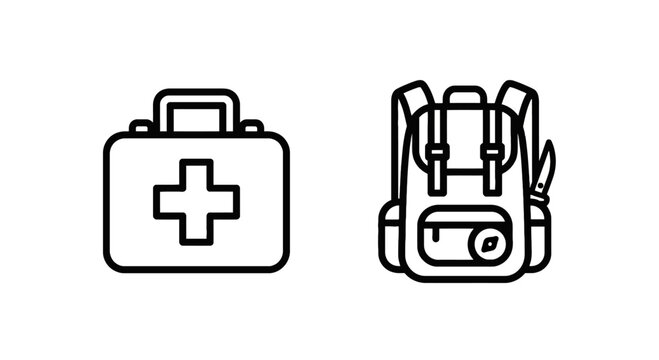 Emergency preparedness and outdoor travel icon set featuring medical first aid kit briefcase and hiking backpack for adventure safety and camping supplies