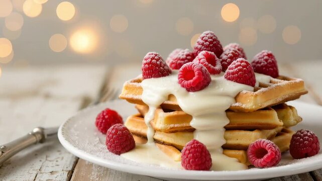Golden waffles stacked on a plate topped with creamy sauce and fresh raspberries, dusted with powdered sugar, creating a warm food scene of sweet breakfast and indulgent dessert.