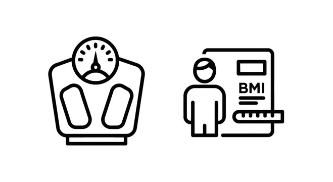 Health and fitness measurement icons featuring a bathroom weighing scale and body mass index bmi symbol with height ruler, wellness and medical assessment