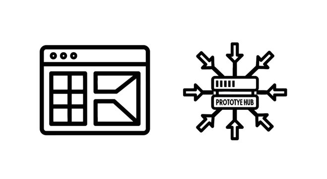 Web browser interface and centralized data server processing line icons set for software development network infrastructure and cloud computing concept