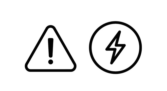 High voltage electrical hazard warning sign and power lightning bolt line icons set for safety alert electricity and energy industry concept