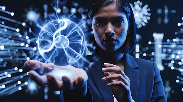 Woman manipulates glowing energy orb with hands amidst digital light patterns