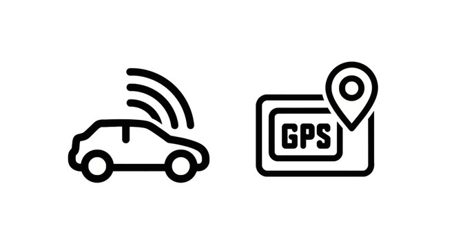 Connected car and gps location navigation icons, smart vehicle technology and map tracking concept with automotive line art graphics on white background