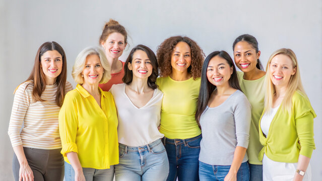 Group of diverse women smiling together in bright green and yellow outfits  