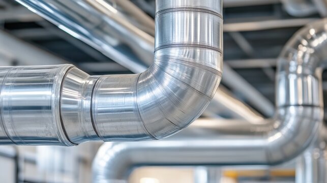 Shiny industrial metal pipe elbow curving in a modern factory