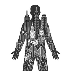Fototapeta premium human figure composed of urban buildings, city life, identity, architecture, and urbanization concepts sketch engraving generative ai raster illustration. Scratch board imitation. Black and white.