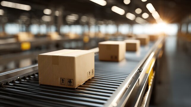 Cardboard boxes on a warehouse conveyor belt system