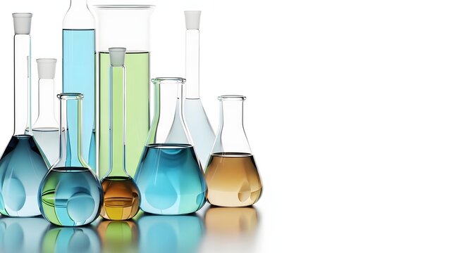 Various laboratory glassware containing colorful liquids stands ready for chemical experimentation against a bright white background.