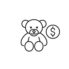 Obraz premium Stuffed toy bear and dollar. Childcare cost, baby expenses, family budget and shopping. Pixel perfect, editable stroke vector icon