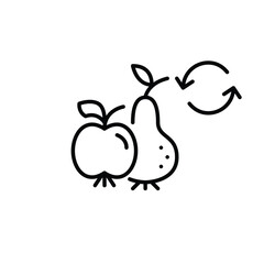 Obraz premium Apple, pear fruit and renew arrows. Fresh sustainable groceries. Shelf life checked, eco-friendly farming. Pixel perfect, editable stroke vector icon