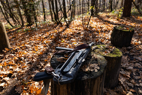 Original World War II German  Submachine Gun in Autumn Forest
