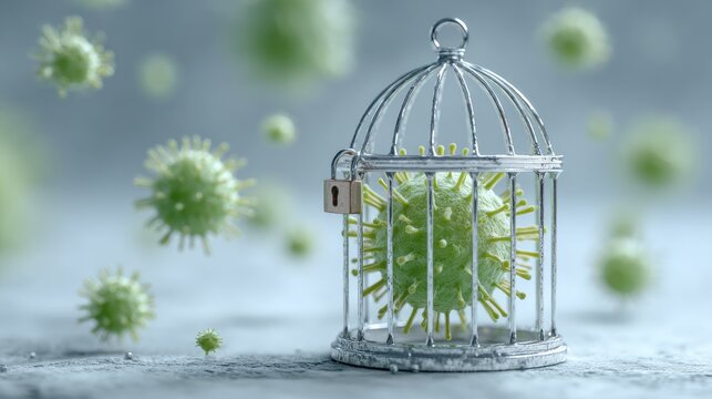 Virus cell trapped in a metal cage, concept of medical containment, disease prevention, and virus control.