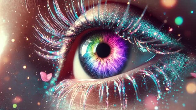 Closeup video of human eye with vibrant multicolored galaxy like iris